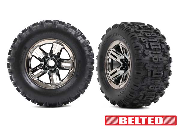 Traxxas 3.8" Blk Chrome Wheels & Belted Sledgehammer Tires (2) TRA9573A