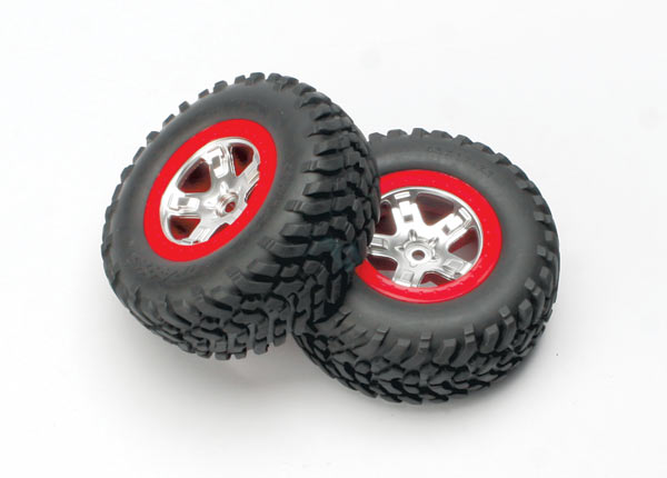 Traxxas SCT Satin Chrome & Red Wheels & Off-road Tires (2) TRA5873A