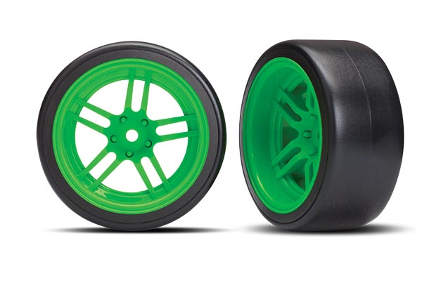 Traxxas 1.9" Green Split-spoke Rear Wheels & Drift Tires (2) TRA8377G