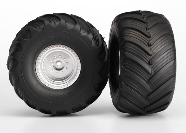 Traxxas Satin Chrome Monster Wheels w/ Terra Groove Tires (2) TRA3665