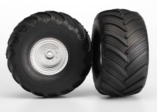 Traxxas Satin Chrome Monster Wheels w/ Terra Groove Tires (2) TRA3665
