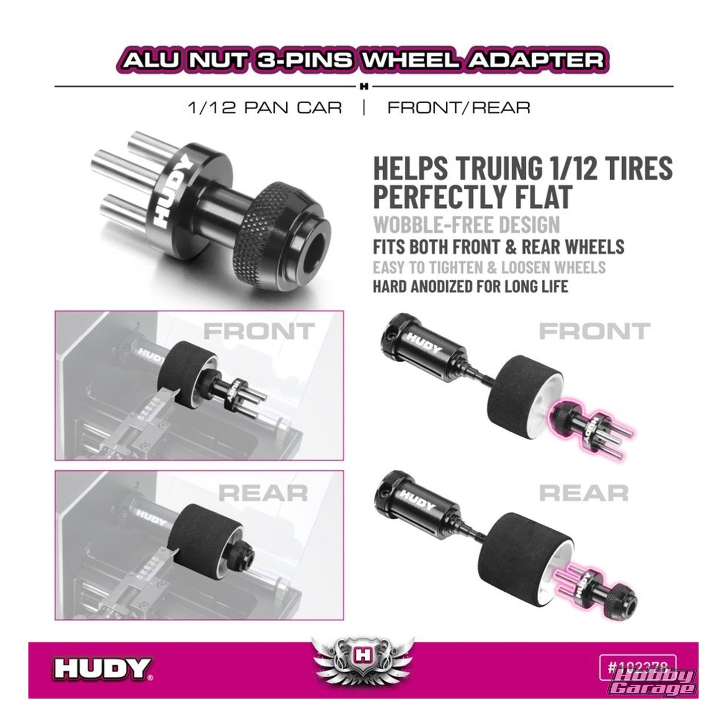 HUDY Alu Nut 3-Pins Wheel Adapter - Front / Rear - 1 / 12 Pan Car HUD102378
