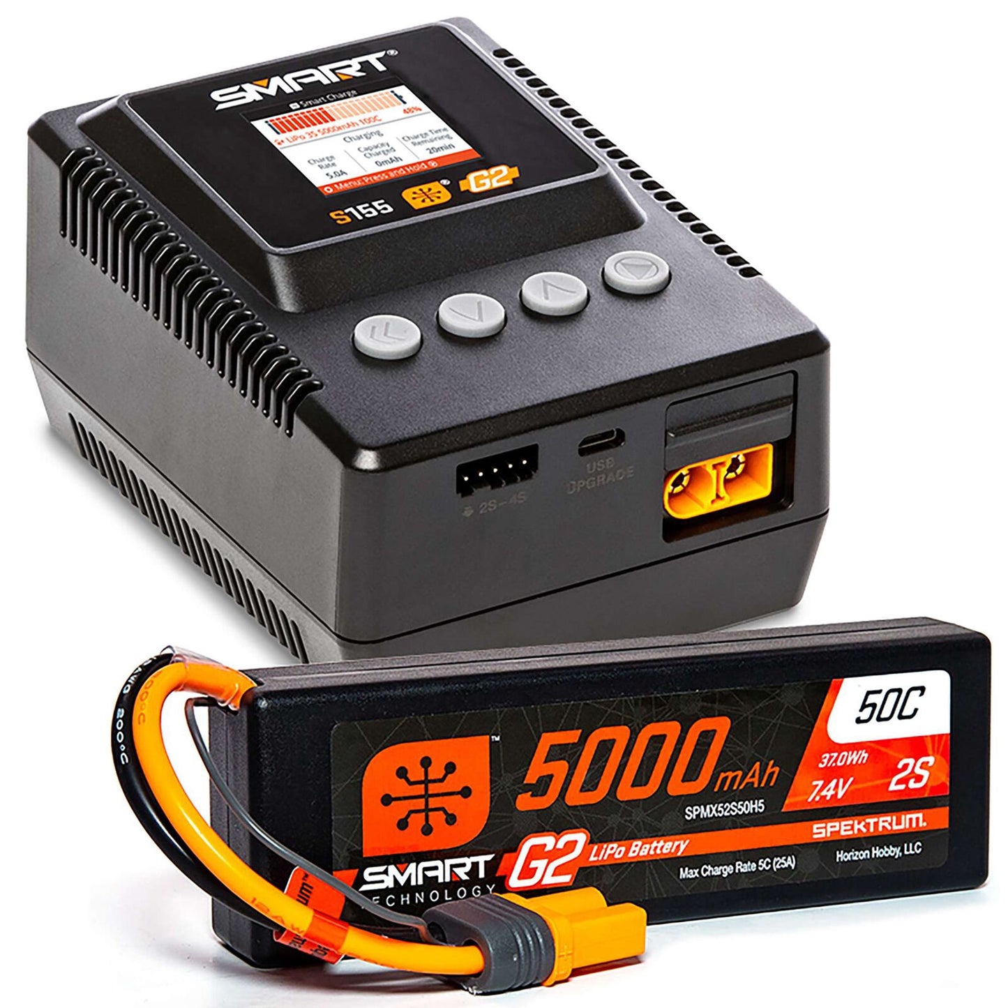 Spektrum Smart Powerstage 2S Surface Bundle: G2 5000mah 2S Lipo IC5 & S155 Charger SPMXPSS200