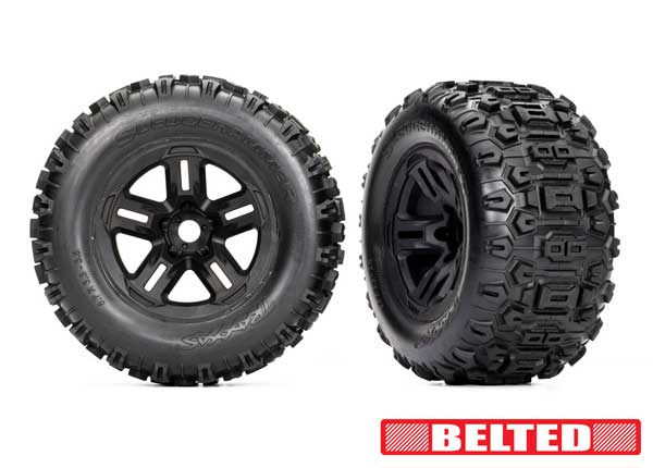 Traxxas 3.8" Black Wheels & Belted Sledgehammer Tires (2) TRA9573