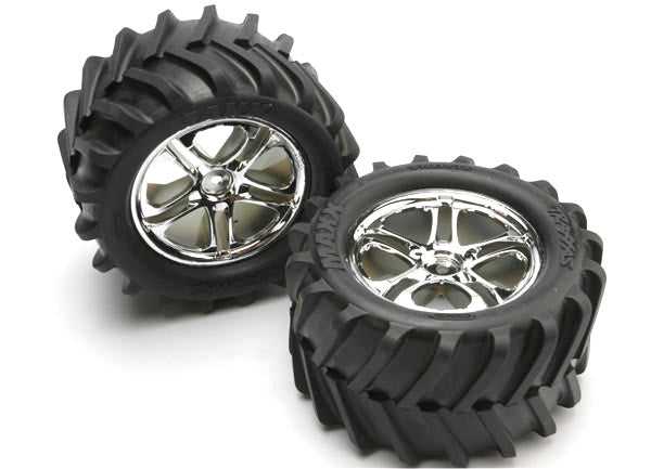 Traxxas Split-spoke 3.8" Chrome Wheels & Chevron Tires (2) TRA5173